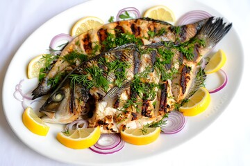 Grilled sea bass served with lemon and red onion slices