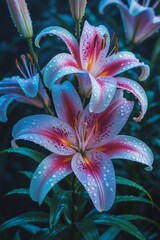 Close-up of a pink lily flower with water droplets on its petals against a dark background