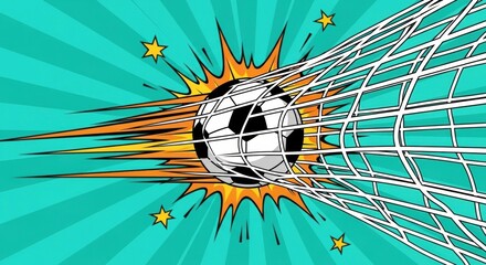 Soccer ball scoring a goal in a net with a dynamic comic pop art explosion