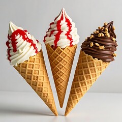 Three ice cream cones with different flavors and toppings
