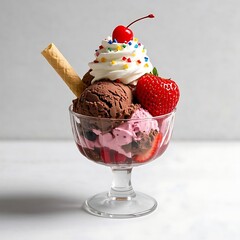 Delicious ice cream sundae with chocolate and strawberry