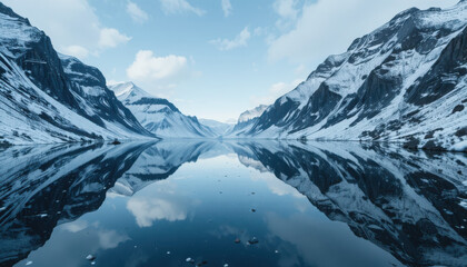 Calm lake reflects snow capped mountains and sky