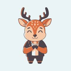 Cute cartoon deer character wearing a dark suit and smiling happily, with brown fur and antlers.