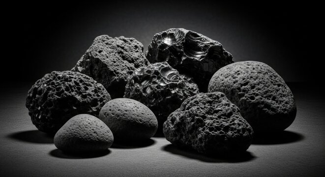 Volcanic rock stones black and white texture background geology mineral lava pumice obsidian rocks pile 100mm - Powered by Adobe