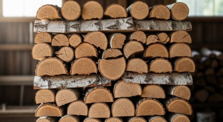 Stack of birch firewood logs for winter heating fuel woodpile storage preparation for cold weather season