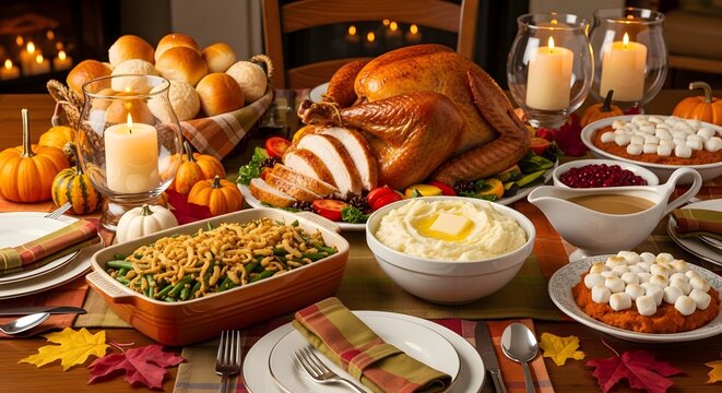 Abundant thanksgiving feast with roasted turkey and side dishes
