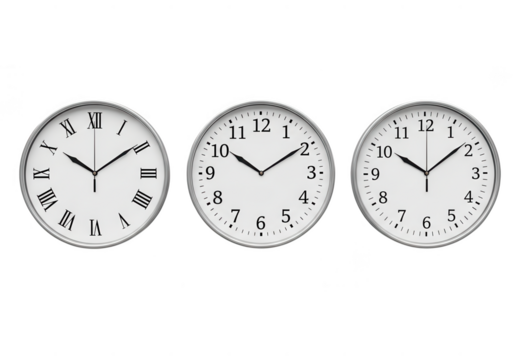 Three clocks showing different times isolated on transparent background