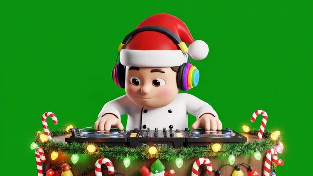 Holiday Party DJ Cartoon - A festive cartoon chef wearing a Santa hat and rainbow headphones is DJing, with a turntable decorated with Christmas lights and candy canes.