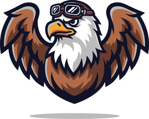 A powerful cartoon eagle mascot with spread wings, wearing vintage aviator goggles, looking forward with a determined expression.