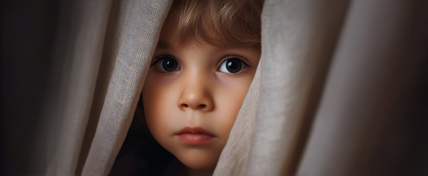 The shy child is hiding quietly behind the delicate sheer curtains.