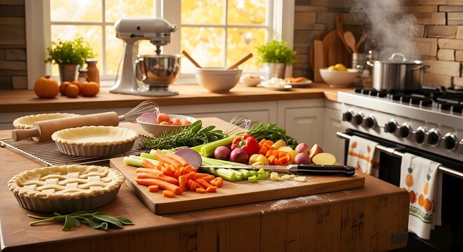 Freshly prepared vegetables and pies ready for baking in a cozy kitchen