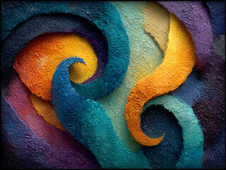 a vibrant, abstract scene with swirling, multicolored waves. The waves are composed of streaks of yellow, orange, red, and blue, with small, glowing spots scattered throughout