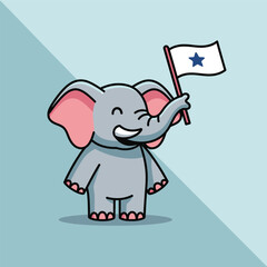 Cartoon elephant holding a flag with a star on it, smiling with joy.