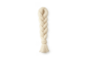 Beige braided yarn loop knotting a pigtail ending