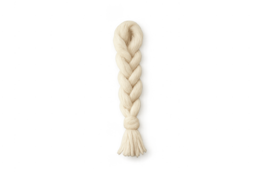 Beige braided yarn loop knotting a pigtail ending