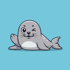 An adorable cartoon baby seal winking one eye and waving its flipper in a friendly gesture.