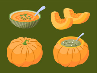 Cartoon Color Pumpkin Spice Seasonal Product Soup Set Menu Restaurant Concept Flat Design Style. Vector illustration