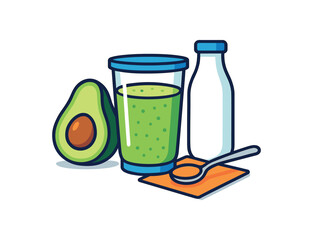 Flat vector avocado shake: avocado milk bottle blender cup spoon napkin bright vibrant palette clean outlines minimal centered isolated on white no logos