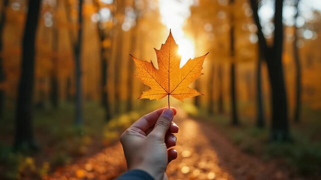 A hand holding a vibrant maple leaf against a blurred autumn forest background, with golden sunlight streaming through the trees, symbolizing fall, nature, and tranquility.