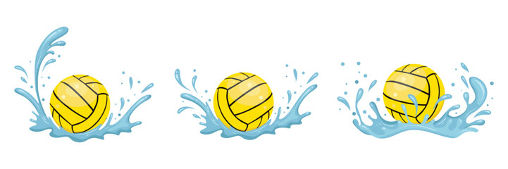 A yellow water polo ball splashing. A ball used for playing in swimming pool. Liquid splashes from a dropped object. Sports equipment. Vector image isolated on a transparent background in a flat style