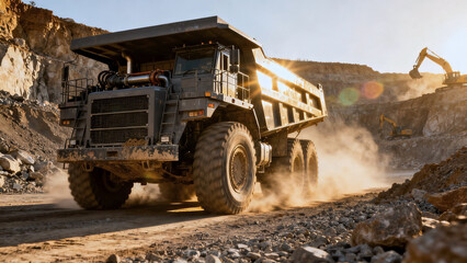 Heavy truck in dusty open pit quarry. Powerful truck moves across dusty open pit quarry, carrying massive loads. Heavy machinery, mineral extraction, truck at work and mining landscape concept