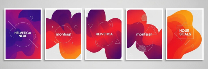 A set of five modern, colorful gradient posters with abstract designs and text elements. Each design incorporates minimalist typography and geometric