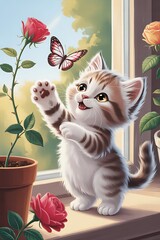 Cute kitten playing with a butterfly near roses indoors