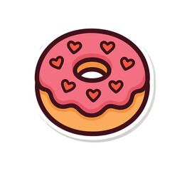 Fototapeta premium Single donut with pink frosting and heart sprinkles flat vector style bold outline sticker look bright warm palette isolated on transparent background centered no face no shadow