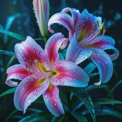 Pink lily flowers with water droplets in a dark background