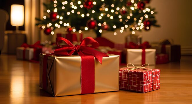 Wrapped Christmas Gifts Under Decorated Tree at Home