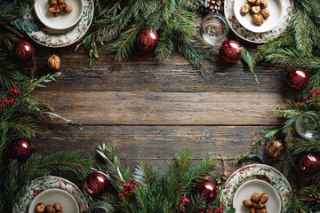 Rustic wooden tabletop centered with holiday greenery and place settings for a festive celebration