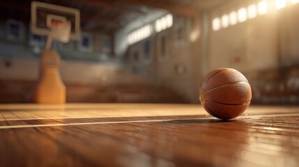 Wooden basketball court with a single basketball positioned in the foreground, soft sunlight illuminating the serene gymnasium background setting