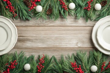 Festive holiday place setting adorns rustic wooden surface with evergreen garlands and bright red berries