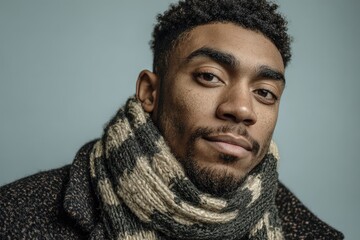 Fototapeta premium Portrait of a young adult male wearing a thick patterned scarf and textured coat