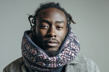 Obraz premium Portrait showcases serious young man wearing warm patterned neckwear and textured outerwear against a plain backdrop
