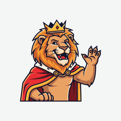 A cartoon lion king wearing a crown and red cape, smiling and waving, isolated on a white background.