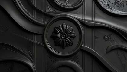 Matte black panel with intricate embossed patterns, premium textured luxury feel 