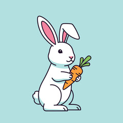 A cute cartoon white rabbit holding a fresh orange carrot on a light blue background, perfect for children's themes.