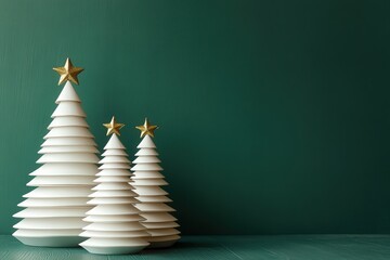 Three minimalist white decorative trees with golden toppers stand against a dark teal background