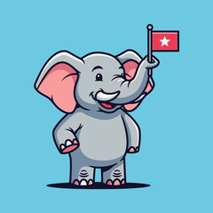 Cartoon elephant holding a flag with a star on a blue background.