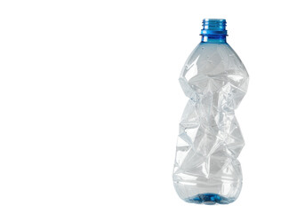 Naklejka premium Crumpled clear plastic water bottle with a vibrant blue screw cap, standing upright on a transparent studio background with copy space Concept of plastic waste and environmental pollution