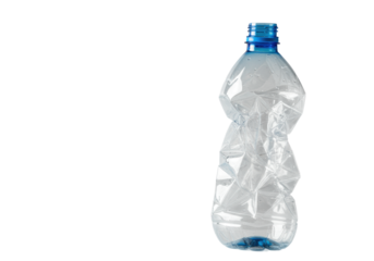 Crumpled clear plastic water bottle with a vibrant blue screw cap, standing upright on a transparent studio background with copy space Concept of plastic waste and environmental pollution