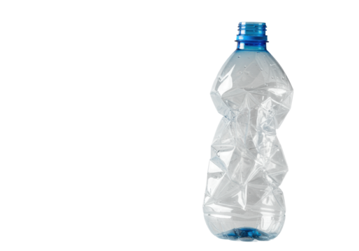 Crumpled clear plastic water bottle with a vibrant blue screw cap, standing upright on a transparent studio background with copy space Concept of plastic waste and environmental pollution