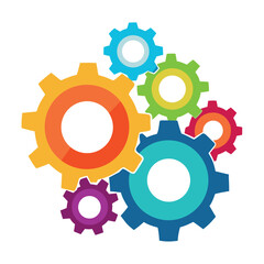 Bright colorful gear icons interconnected, flat vector style, playful mechanical concept on a white background