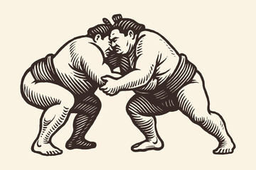 Sumo wrestlers fight vintage engraving vector illustration