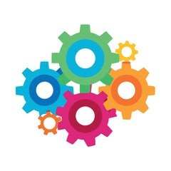 Bright colorful gear icons interconnected, flat vector style, playful mechanical concept on a white background