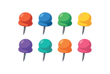 Flat vector illustration of colorful push pins set with vivid heads rounded shapes clean vector style