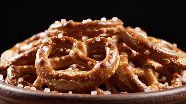 A close up macro shot of salty pretzels in a rustic bowl.