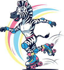 A cheerful zebra wearing roller skates, gliding with a colorful rainbow background, full of energy.