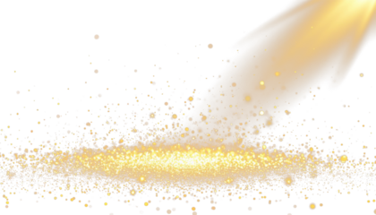 Light beam, golden glow and glitter on dark background for overlay design